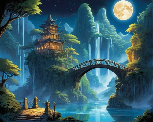 fantasy landscape,ancient city,fantasy picture,dragon bridge,wuyi,forbidden palace,water palace,chinese architecture,asian architecture,futuristic landscape,landscape background,fantasy art,chinese background,fantasy city,chinese temple,summer palace,hanging temple,world digital painting,mid-autumn festival,cartoon video game background,Illustration,American Style,American Style 13