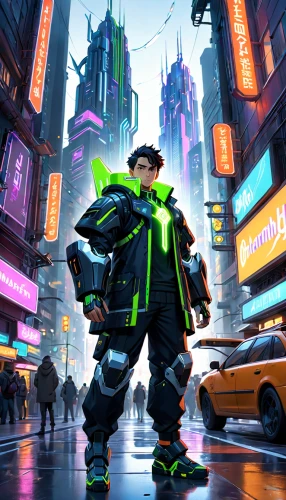 high-visibility clothing,cyberpunk,neon human resources,time square,engineer,sci fiction illustration,disney baymax,patrol,traffic cop,times square,neon,cg artwork,pedestrian,futuristic,tracer,officer,new york,3d man,wuhan''s virus,concept art,Anime,Anime,Cartoon