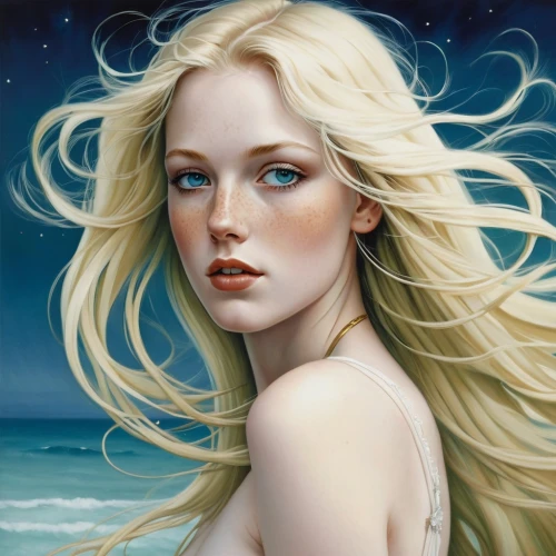 the blonde in the river,fantasy art,fantasy portrait,white lady,blue moon rose,aphrodite,mystical portrait of a girl,blond girl,blonde woman,fantasy woman,paleness,sea breeze,the snow queen,girl on the dune,the enchantress,siren,the wind from the sea,the sea maid,blue enchantress,romantic portrait,Conceptual Art,Fantasy,Fantasy 29