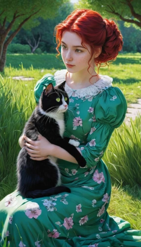 ritriver and the cat,girl in the garden,girl with dog,kat,jane austen,calico cat,cat european,pet,merida,cat,girl in a long dress,elizabeth nesbit,cat image,milkmaid,mow,celtic queen,victorian lady,she-cat,princess anna,two cats,Illustration,Black and White,Black and White 16