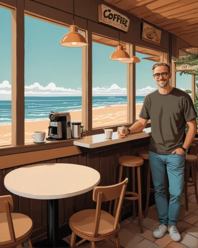 beach restaurant,coffee bay,the coffee shop,coffee background,coffee tea illustration,coffee shop,mendocino,café au lait,beach bar,coffee zone,cafe,seaside country,pigeon point,costa,barista,beach background,breakfast table,santa cruz,remote work,tofino,Illustration,Realistic Fantasy,Realistic Fantasy 05