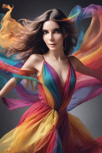 girl in a long dress,colorfulness,fashion vector,fashion illustration,femininity,rainbow background,rainbow colors,colorful foil background,sprint woman,colorful bleter,raw silk,harmony of color,color feathers,image manipulation,colorful background,fantasy art,rainbow color palette,colourful pencils,photoshop manipulation,twirling,Photography,Natural