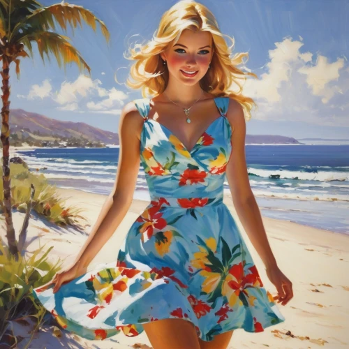 cheerfulness,oil painting,girl in flowers,carol m highsmith,femininity,art painting,floral dress,sea breeze,aloha,a girl in a dress,oil painting on canvas,pinup girl,blonde woman,beautiful beach,photo painting,young woman,beach background,beautiful beaches,candy island girl,beach landscape,Conceptual Art,Oil color,Oil Color 09