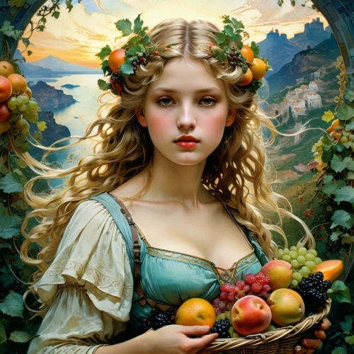 girl in a wreath,girl picking apples,fruit basket,faery,basket of fruit,jessamine,fantasy portrait,basket of apples,faerie,emile vernon,cart of apples,fantasy art,mirabelles,fruitful,woman eating apple,mystical portrait of a girl,fairy tale character,eglantine,roses-fruit,cornucopia,Conceptual Art,Fantasy,Fantasy 05