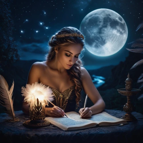 fantasy picture,magic book,the night of kupala,writing-book,divination,fantasy art,mystical portrait of a girl,learn to write,fairy tales,fairy tale character,children's fairy tale,fairytales,sparkler writing,fortune telling,author,sci fiction illustration,moonlit night,moon and star background,fairy tale,sorceress,Photography,General,Fantasy