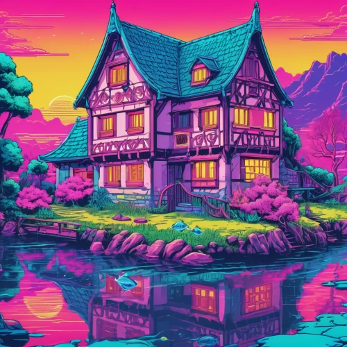 house with lake,house by the water,witch's house,lonely house,summer cottage,acid lake,cottage,aurora village,purple landscape,little house,villa,lagoon,bungalow,fisherman's house,fantasy city,house silhouette,crispy house,witch house,treehouse,house in mountains,Conceptual Art,Sci-Fi,Sci-Fi 28