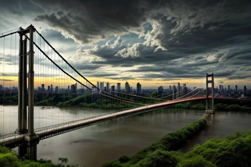 cable-stayed bridge,suspension bridge,cantilever bridge,rainbow bridge,tangshan railway bridge,george washington bridge,bridge new europe,extradosed bridge,han river,anzac bridge,hohenzollern bridge,chongqing,hanging bridge,photo manipulation,segmental bridge,danube bridge,the akashi-kaikyo bridge,bridges,bridge,scenic bridge