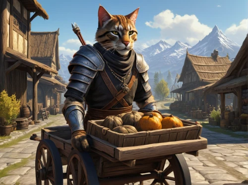 witcher,cat warrior,merchant,felidae,massively multiplayer online role-playing game,adventurer,cart of apples,peddler,collected game assets,vendor,conker,cat european,cat-ketch,courier,red tabby,cat sparrow,autumn chores,game art,courier driver,traveler,Illustration,Realistic Fantasy,Realistic Fantasy 27