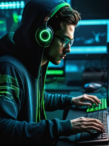 hacker,hacking,anonymous hacker,cyber crime,man with a computer,dj,lan,kasperle,cybercrime,cyber,cybersecurity,cyber glasses,computer freak,cyber security,music background,computer code,gamer,coder,analysis online,headset profile,Illustration,Realistic Fantasy,Realistic Fantasy 05