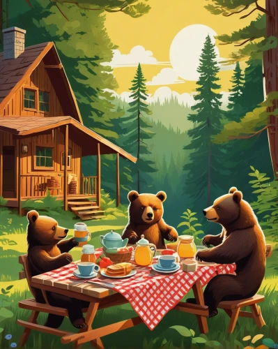 brown bears,picnic,bears,the bears,family picnic,breakfast outside,bear cubs,breakfast table,tea party,game illustration,picnic table,black bears,bear market,placemat,romantic dinner,bear guardian,camping,dining,campground,picnic basket,Illustration,Vector,Vector 11
