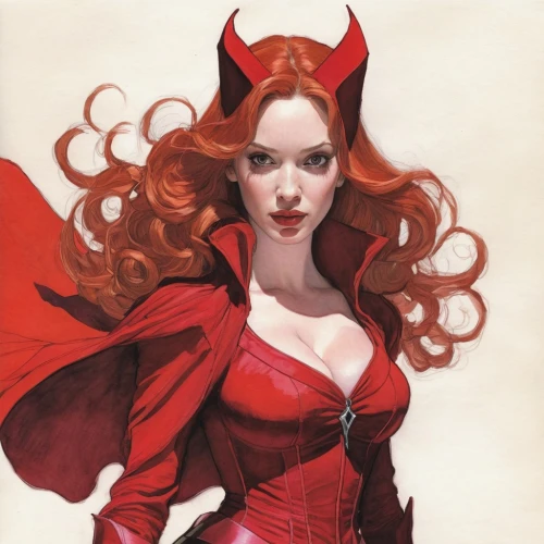 scarlet witch,devil,vampire woman,red riding hood,vampire lady,fantasy woman,lady in red,shades of red,evil woman,red super hero,wanda,little red riding hood,fire devil,firestar,darth talon,huntress,lollo rosso,red ribbon,rouge,hellboy,Illustration,Paper based,Paper Based 17