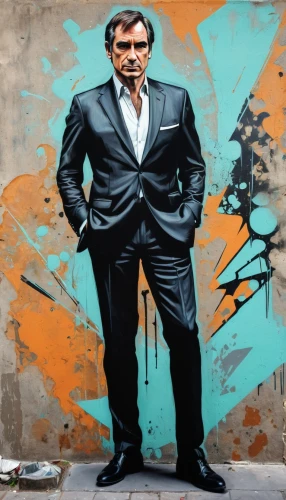 suit actor,streetart,white-collar worker,lincoln custom,ratan tata,suit trousers,black businessman,grafitti,a black man on a suit,salvador guillermo allende gossens,graffiti art,men's suit,smoking man,spy,spy visual,advertising figure,james bond,godfather,brooklyn street art,businessman,Illustration,Realistic Fantasy,Realistic Fantasy 23