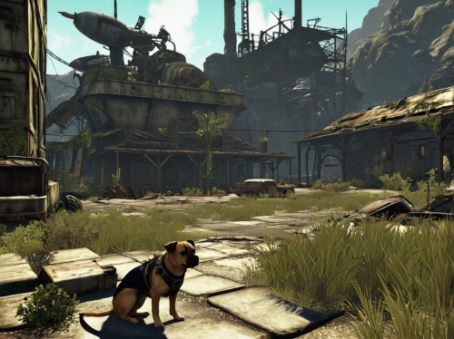 fallout4,croft,shipyard,action-adventure game,wasteland,massively multiplayer online role-playing game,salvage yard,industrial ruin,smaland hound,companion dog,toy manchester terrier,hunting dogs,shepherd mongrel,adventure game,devilwood,dog poison plant,rustico,fallout,industrial landscape,bogart village,Illustration,Retro,Retro 01