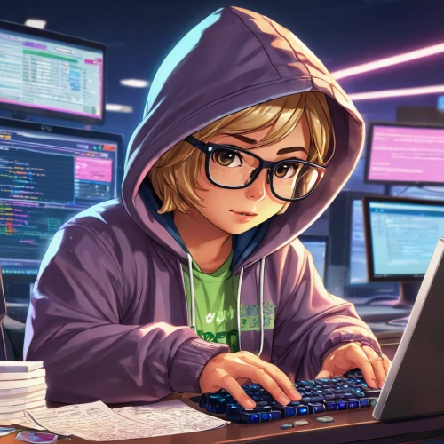 girl at the computer,hacker,hacking,cyber crime,coder,code geek,cyber,night administrator,computer freak,anonymous hacker,cyber glasses,programmer,girl studying,the community manager,hardware programmer,developer,cybercrime,computer code,cybersecurity,kasperle,Illustration,Japanese style,Japanese Style 01