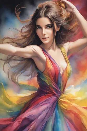 girl in a long dress,art painting,celtic woman,colorful background,rainbow background,oil painting on canvas,fantasy art,femininity,world digital painting,chalk drawing,photo painting,fabric painting,sprint woman,oil painting,a girl in a dress,colored pencil background,colorfulness,dance with canvases,mystical portrait of a girl,colour pencils,Digital Art,Watercolor