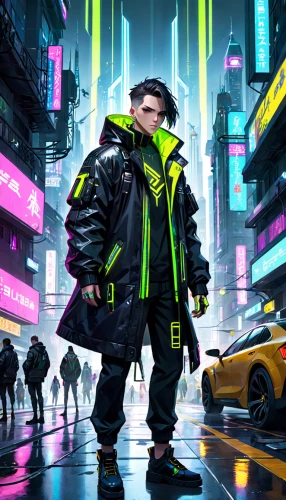 cyberpunk,high-visibility clothing,sci fiction illustration,cyber,futuristic,neon,concept art,neon human resources,pedestrian,world digital painting,traffic cop,mini e,neon colors,game illustration,kryptarum-the bumble bee,electro,dystopian,streampunk,yellow jacket,cg artwork,Anime,Anime,General