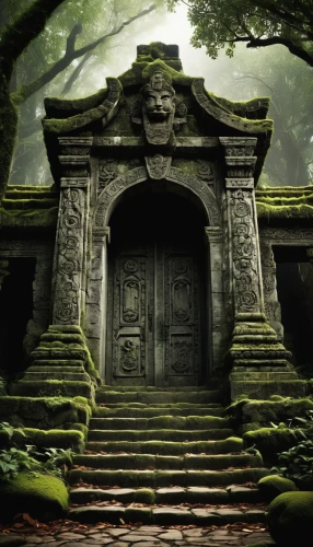 ancient house,creepy doorway,mortuary temple,mausoleum ruins,japanese shrine,ancient,maya civilization,shrine,ancient city,the threshold of the house,victory gate,theatrical scenery,asian architecture,shinto shrine,the mystical path,ancient buildings,hall of the fallen,temple fade,digital compositing,artemis temple,Illustration,Retro,Retro 18
