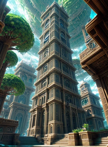 tower of babel,ancient city,pillars,atlantis,skyscraper town,fractal environment,stone towers,ancient buildings,artemis temple,skyscraper,renaissance tower,towers,the skyscraper,stone tower,citadel,water castle,kirrarchitecture,stone palace,asian architecture,urban towers