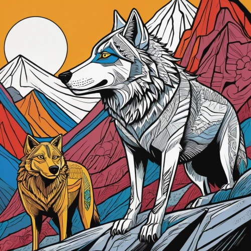 wolves,two wolves,canis lupus,wolf couple,dog illustration,howling wolf,coloring page,color dogs,canidae,cd cover,wolf,canis lupus tundrarum,tamaskan dog,coyote,animal icons,dog sled,animal line art,sled dog,howl,ancient dog breeds,Illustration,American Style,American Style 13