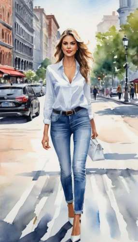 woman walking,pedestrian,a pedestrian,watercolor women accessory,girl walking away,fashion vector,travel woman,woman in menswear,sprint woman,bussiness woman,walking,woman shopping,plus-size model,world digital painting,photo painting,fashion illustration,women fashion,on the street,advertising figure,jeans background,Illustration,Paper based,Paper Based 24