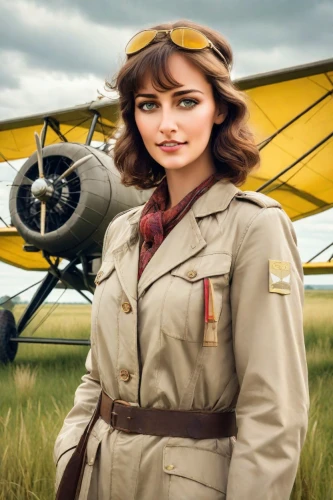 stewardess,general aviation,glider pilot,khaki,aviator,aviation,ww2,retro woman,allied,british actress,biplane,retro women,courier,petlyakov pe-8,birce akalay,vintage woman,monoplane,douglas aircraft company,1940 women,piper cub,Photography,Realistic