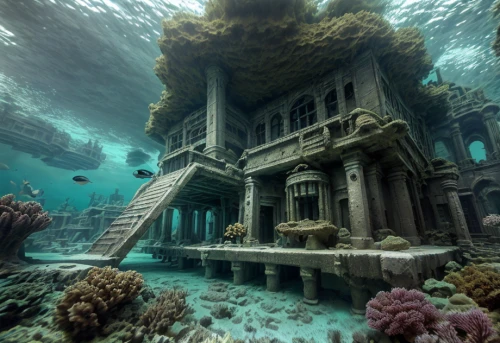 sunken church,underwater playground,ocean underwater,house of the sea,underwater landscape,underwater oasis,underwater world,coral reef,reef tank,coral reefs,submerged,ocean floor,water castle,sunken ship,under water,atlantis,undersea,underwater,reef,under the water