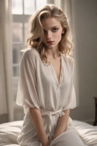 vintage angel,white shirt,white clothing,cotton top,white silk,pajamas,white velvet,lily-rose melody depp,white bow,white bird,liberty cotton,woman on bed,porcelain doll,nightgown,angelic,video scene,pale,elegant,white beauty,ivory,Photography,Cinematic