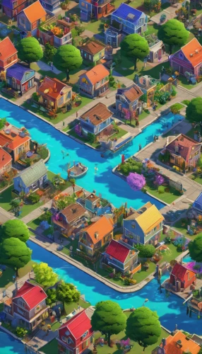 resort town,suburbs,aurora village,colorful city,seaside resort,villages,suburb,neighborhood,escher village,blocks of houses,spa town,suburban,fishing village,popeye village,fantasy city,floating islands,water park,canals,mud village,small towns,Illustration,Realistic Fantasy,Realistic Fantasy 39