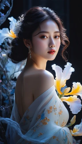 chinese art,beautiful girl with flowers,jasmine blossom,plum blossom,oriental princess,oriental painting,flower fairy,girl in flowers,flower background,hanbok,oriental girl,ao dai,mystical portrait of a girl,scent of jasmine,apricot blossom,yellow rose background,night-blooming jasmine,splendor of flowers,romantic portrait,portrait background,Photography,General,Natural