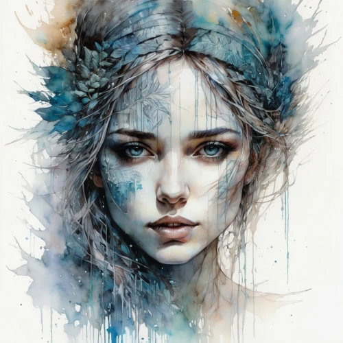 the snow queen,watercolor blue,ice queen,fantasy portrait,blue enchantress,faery,watercolor pencils,mystical portrait of a girl,boho art,fantasy art,faerie,winterblueher,watercolor paint,watercolor,digital artwork,fashion illustration,watercolor painting,siren,the enchantress,watercolor paint strokes,Illustration,Paper based,Paper Based 13