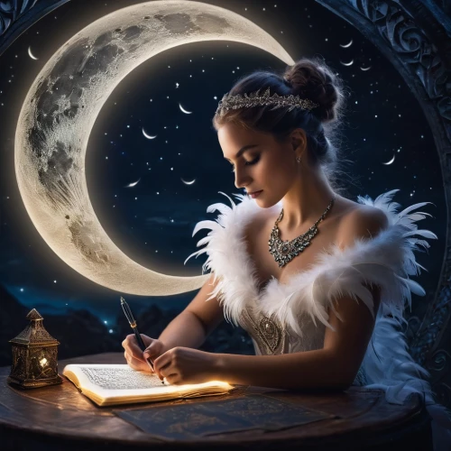fantasy picture,mystical portrait of a girl,fantasy art,divination,fantasy portrait,fortune telling,moonlit night,fairy tale character,moonbeam,writing-book,moon and star,moonlit,moon and star background,fairy tale,sci fiction illustration,moonlight,moon phase,faerie,night administrator,a fairy tale,Photography,General,Fantasy