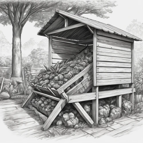 charcoal kiln,wood pile,charcoal nest,garden shed,farm hut,wooden hut,sheds,dugout,vegetable garden,seed stand,chicken coop,garden buildings,wooden pallets,log home,shed,a chicken coop,cooling house,straw hut,log cabin,leek greenhouse,Illustration,Black and White,Black and White 30