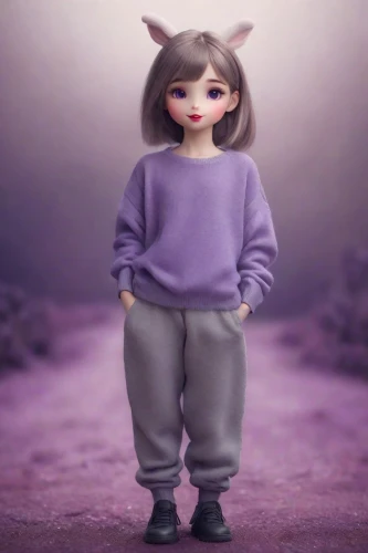 3d render,3d figure,mauve,clay animation,3d rendered,doll cat,agnes,fashion doll,3d model,clay doll,female doll,doll figure,gray animal,pale purple,light purple,artist doll,cute cartoon character,lilac,sweatpant,gradient mesh,Photography,Realistic
