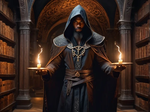 magistrate,librarian,scholar,dodge warlock,candlemaker,magus,magic grimoire,wizard,apothecary,hooded man,mage,archimandrite,the abbot of olib,sorceress,flickering flame,undead warlock,spell,divination,grimm reaper,benedictine,Illustration,Realistic Fantasy,Realistic Fantasy 21