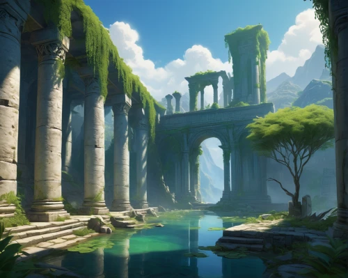 fantasy landscape,ancient city,ruins,castle ruins,futuristic landscape,pillars,the ruins of the,imperial shores,ruined castle,virtual landscape,mausoleum ruins,myst,ruin,druid grove,underwater oasis,ancient buildings,artemis temple,water castle,high landscape,3d fantasy,Art,Classical Oil Painting,Classical Oil Painting 14