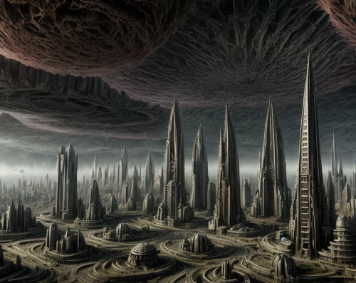 futuristic landscape,post-apocalyptic landscape,alien planet,alien world,mandelbulb,exoplanet,terraforming,destroyed city,sci fiction illustration,urbanization,sci fi,fantasy city,lunar landscape,city cities,black city,fractal environment,doomsday,ancient city,sci - fi,sci-fi