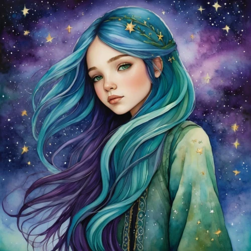 fairy galaxy,zodiac sign libra,virgo,fantasy portrait,horoscope libra,mermaid background,mystical portrait of a girl,starry sky,the zodiac sign pisces,aurora,starry,zodiac sign gemini,constellation,faery,constellations,falling star,green mermaid scale,faerie,colorful stars,aquarius,Conceptual Art,Daily,Daily 34