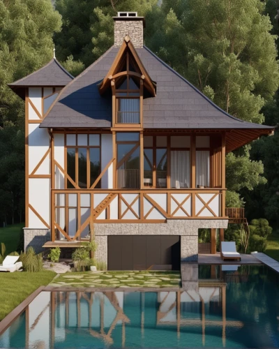 pool house,chalet,house with lake,wooden house,house by the water,house in the mountains,summer cottage,summer house,house in mountains,render,3d rendering,holiday villa,house in the forest,timber house,beach house,inverted cottage,cottage,boathouse,luxury property,the cabin in the mountains,Photography,General,Realistic