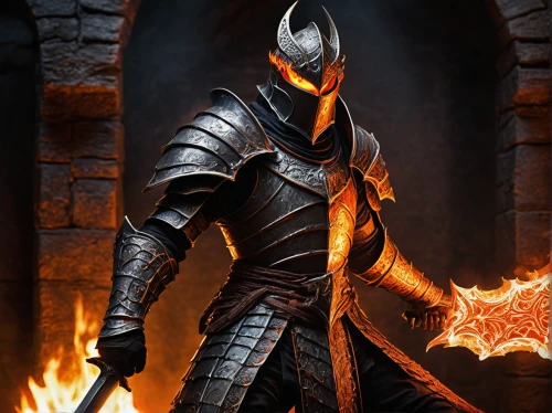 blacksmith,knight armor,massively multiplayer online role-playing game,burning torch,templar,fire master,fire background,molten,bronze horseman,paladin,molten metal,hot metal,torchlight,iron mask hero,firedancer,fantasy warrior,flame spirit,armored,excalibur,crusader,Illustration,Realistic Fantasy,Realistic Fantasy 33