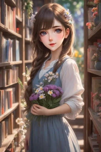 holding flowers,hanbok,librarian,beautiful girl with flowers,girl in flowers,romantic portrait,girl picking flowers,fantasy portrait,girl in a wreath,country dress,hydrangeas,hydrangea,blooming wreath,book store,fairy tale character,with a bouquet of flowers,wreath of flowers,flower background,author,flower painting,Photography,Realistic