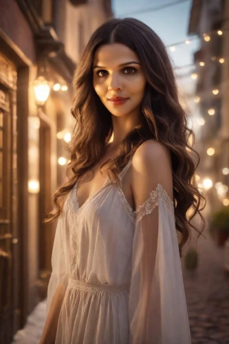 celtic woman,girl in a long dress,romantic look,deepika padukone,sofia,girl in white dress,girl in a historic way,romanian,miss circassian,quinceañera,enchanting,commercial,romantic portrait,vintage angel,digital compositing,a girl in a dress,pretty young woman,young model istanbul,vintage woman,samara,Photography,Cinematic