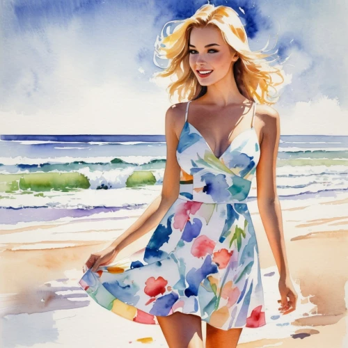 watercolor pin up,watercolor painting,watercolor women accessory,fashion illustration,watercolor,floral dress,watercolor blue,watercolor paint,watercolor background,a girl in a dress,beach background,photo painting,watercolor pencils,art painting,girl in flowers,seaside daisy,flower painting,walk on the beach,fashion vector,sea breeze,Illustration,Paper based,Paper Based 25