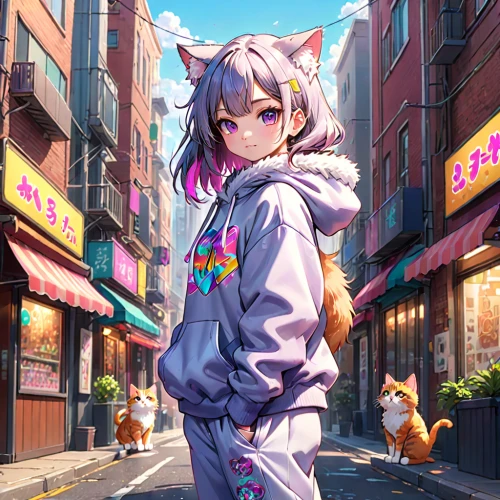 street cat,anime japanese clothing,alley cat,nyan,harajuku,stray cat,colorful city,yuki nagato sos brigade,japanese sakura background,sakura background,calico cat,parka,colorful background,cat's cafe,background colorful,hoodie,unicorn background,cat kawaii,shopping street,calico,Anime,Anime,General