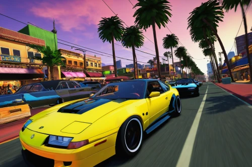 street racing,car hop,street canyon,yellow car,racing road,sports car racing,supercars,lamborghini diablo,yellow and blue,game car,fast cars,super cars,moc chau hill,play street,pontiac sunfire,colorful city,boulevard,3d car wallpaper,screenshot,nissan 180sx,Illustration,Japanese style,Japanese Style 12