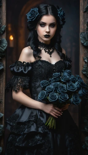 gothic fashion,black rose,gothic dress,gothic portrait,gothic woman,gothic style,dark gothic mood,victorian lady,black and dandelion,goth woman,gothic,rosebushes,victorian style,scent of roses,black rose hip,with roses,dark angel,wild roses,porcelain rose,blue rose,Photography,General,Fantasy