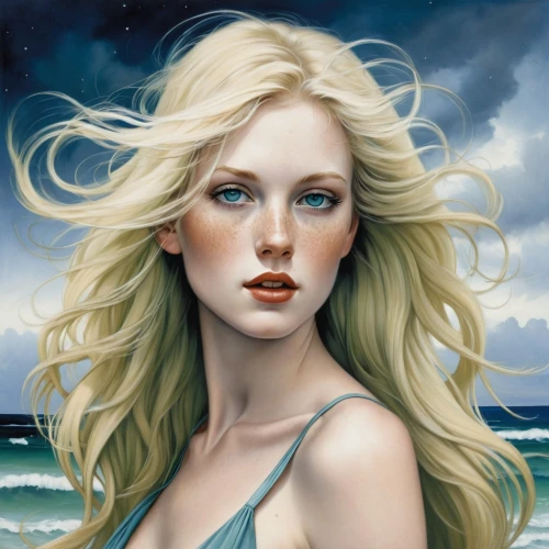 the blonde in the river,beach moonflower,blonde woman,sea breeze,aphrodite,fantasy portrait,the wind from the sea,fantasy art,the sea maid,blond girl,siren,mermaid background,girl on the dune,jessamine,blonde girl,fantasy woman,sea-shore,zodiac sign libra,the zodiac sign pisces,romantic portrait,Conceptual Art,Fantasy,Fantasy 29