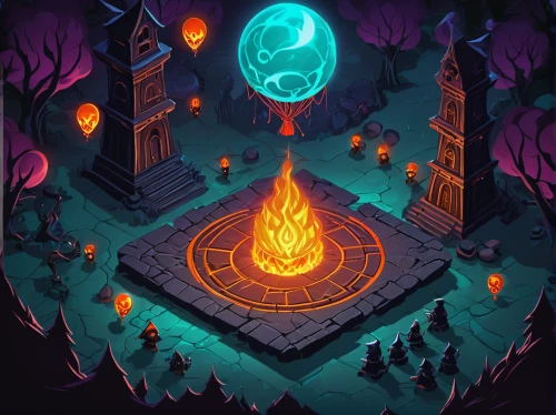cauldron,druid grove,witch's house,dungeon,halloween illustration,the eternal flame,fire ring,firepit,dungeons,halloween background,catacombs,torchlight,devilwood,game illustration,fire pit,campfires,hearth,campfire,fireplaces,witch's hat icon,Illustration,Vector,Vector 20
