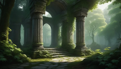 the mystical path,druid grove,fantasy landscape,elven forest,hall of the fallen,forest path,ancient city,pathway,green forest,pillars,forest landscape,threshold,the path,forest glade,backgrounds,enchanted forest,the ruins of the,holy forest,mausoleum ruins,archway,Photography,Artistic Photography,Artistic Photography 10