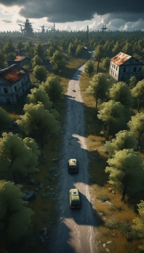 the road,outskirts,croft,neighbourhood,post-apocalyptic landscape,tilt shift,rural,suburbs,airfield,suburb,roads,cinematic,boulevard,ghost car rally,road forgotten,neighborhood,city highway,atmosphere,overlook,wasteland,Art,Artistic Painting,Artistic Painting 20