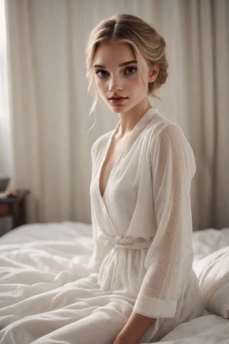 lily-rose melody depp,girl in bed,elegant,pale,nightgown,angelic,bed,elsa,romantic look,white winter dress,pajamas,blonde in wedding dress,white silk,bathrobe,realdoll,white clothing,white dress,vintage angel,woman on bed,white shirt,Photography,Cinematic